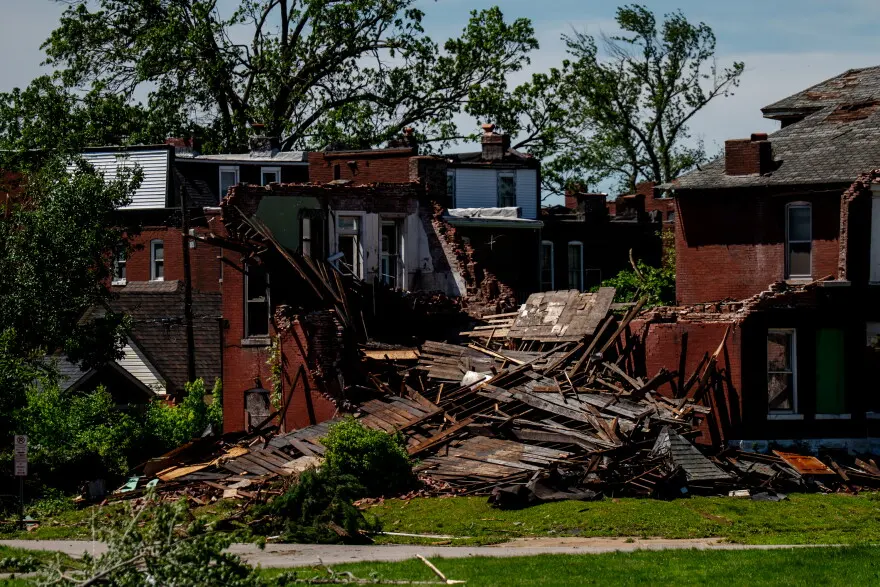 Brick buildings crumble after an EF-3 tornado ripped through the city on Friday afternoon, killing at least 5 and damaging thousands of homes on Saturday, May 17, 2025, in north St. Louis.