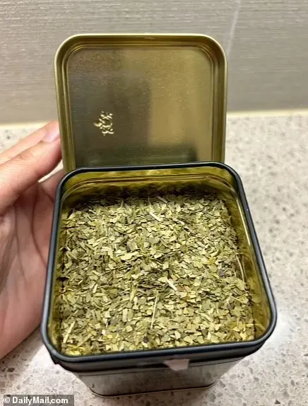 Pictured: The tea leaves inside the Harney and Sons container