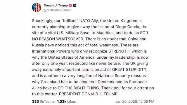 US President Donald Trump slams UK decision of giving away Diego Garcia island to Mauritius.