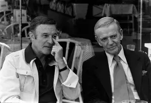 Gene Kelly (L) and Fred Astaire attend the 1976 Cannes Film Festival in Cannes, France, in May 1976.