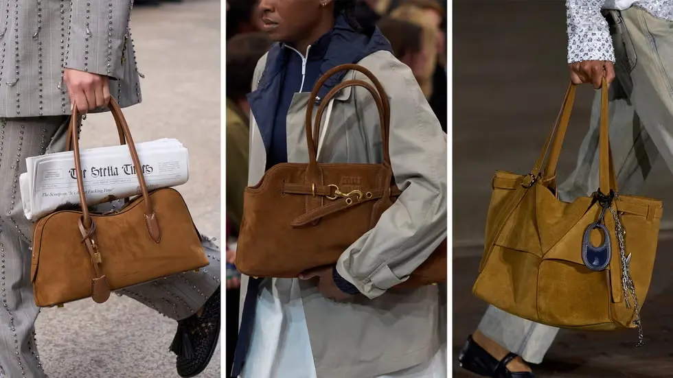 three models showcasing brown suede handbags of different designs