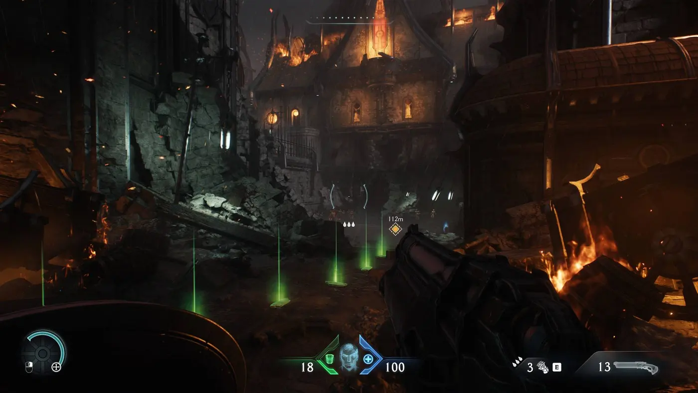 DOOM: The Dark Ages gameplay featuring burning building in back of items leading way.