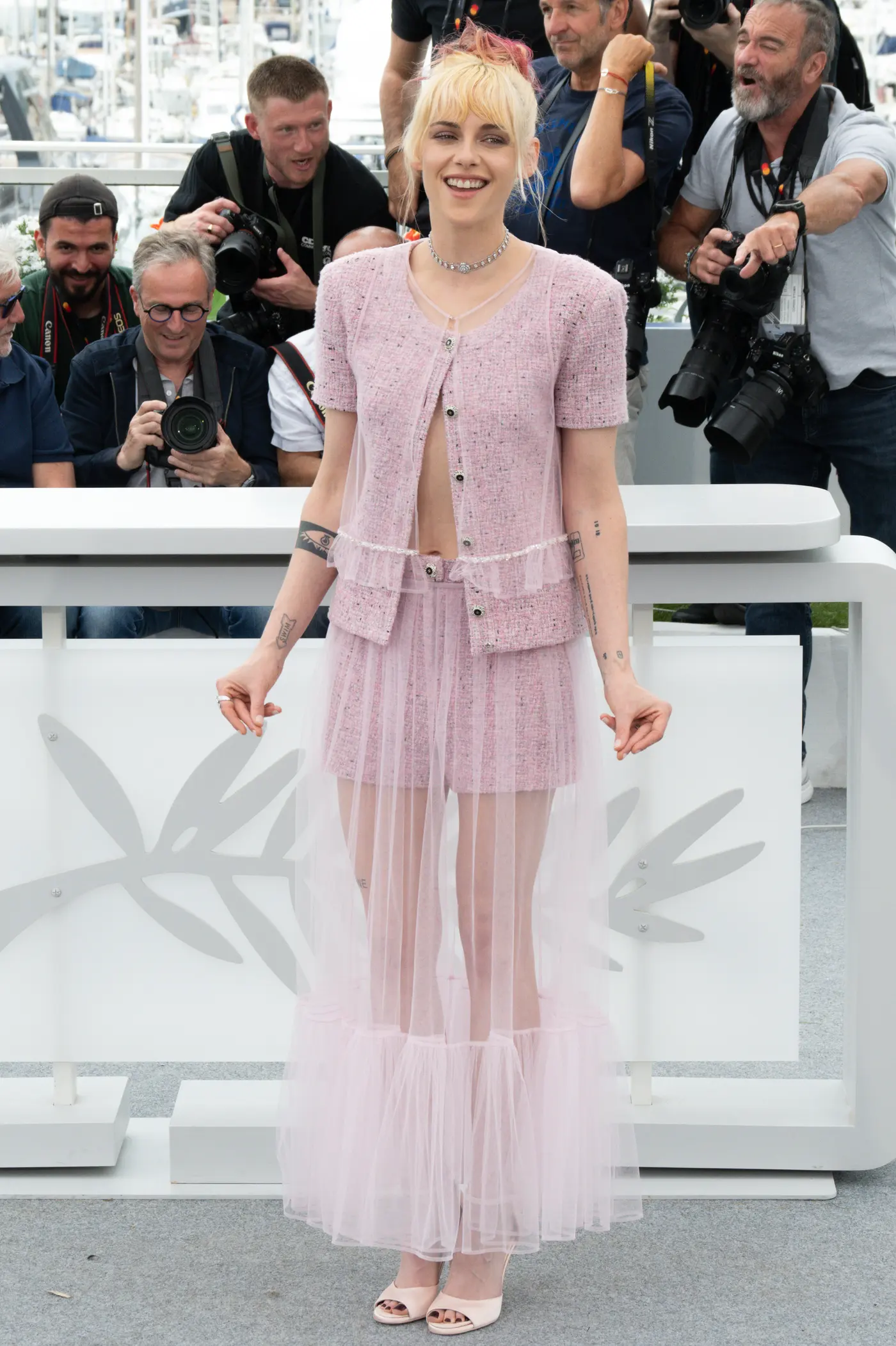 Kristen Stewart wearing a sheer pink skirt during