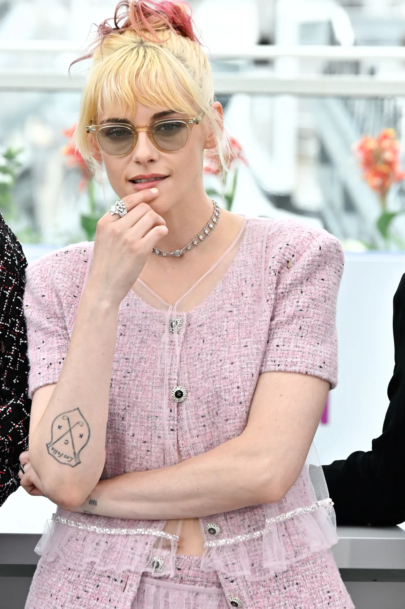 Kristen Stewart wearing a sheer pink skirt during