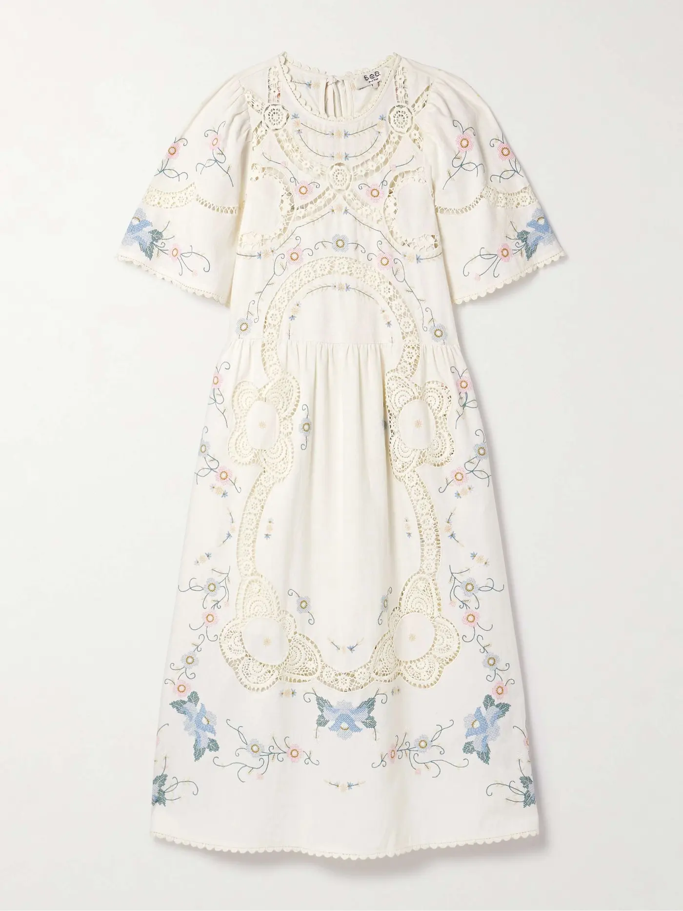 Vesna Broderie Anglaise-Trimmed Embroidered Cotton and Linen-Blend Midi Dress