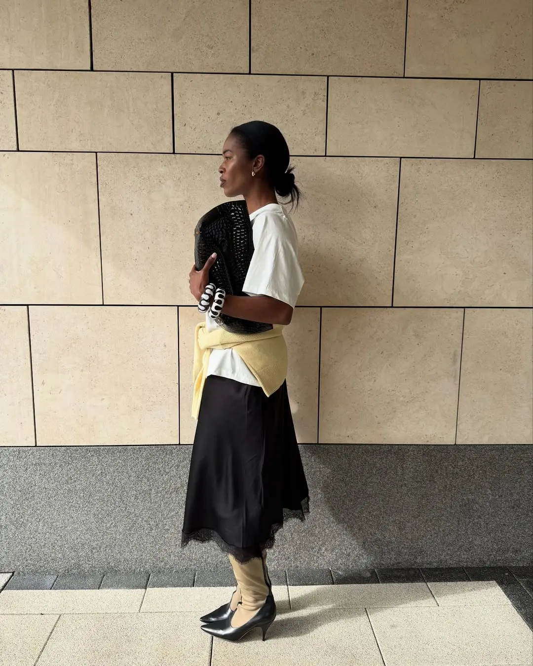 Marilyn NK wears black lace trim skirt white t-shirt