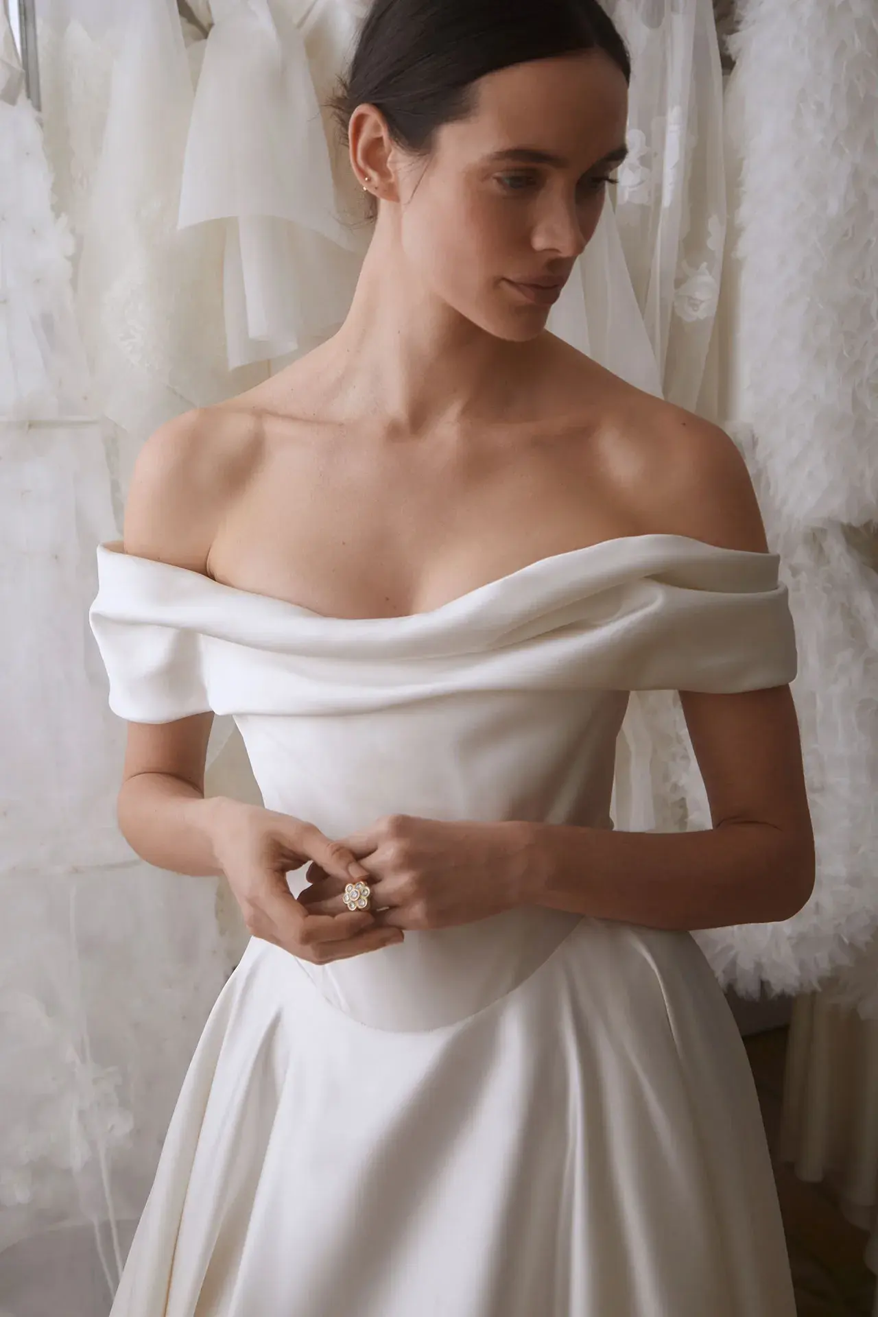 Image may contain Stacy Martin Clothing Dress Fashion Formal Wear Gown Wedding Wedding Gown Evening Dress and Adult