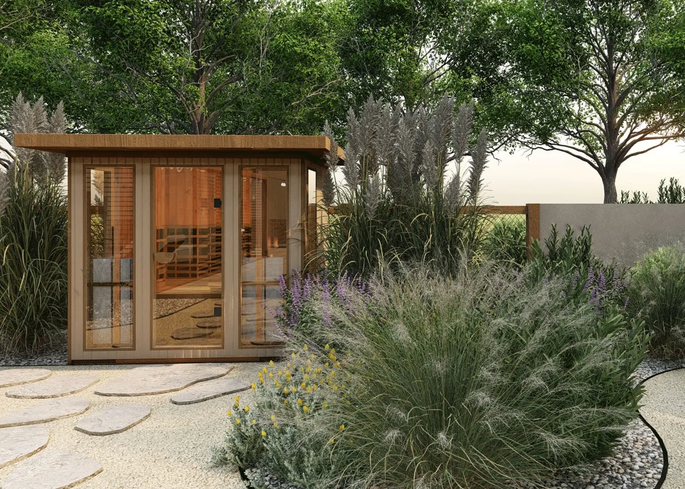 small back garden with paving, ornamental grasses and shed