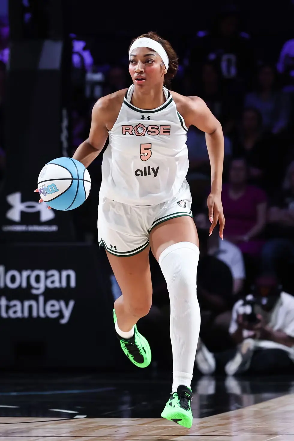 medley, florida january 31: angel reese #5 of rose dribbles the ball against the phantom during the fourth quarter of the game at wayfair arena on january 31, 2025 in medley, florida. (photo by megan briggs/getty images)