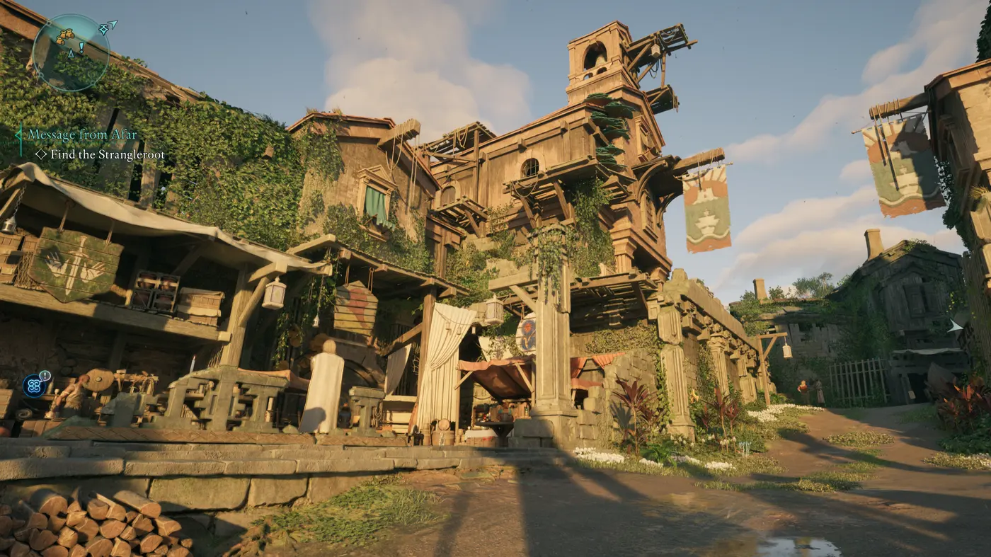 A screenshot of the city of Paradis in Avowed.