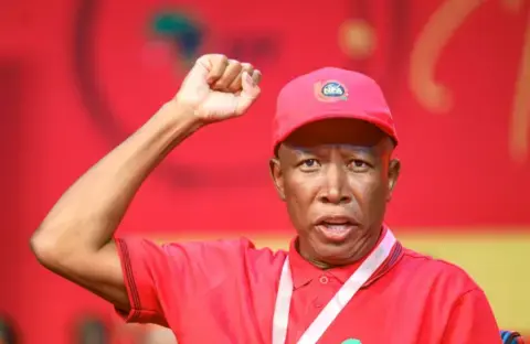 Gallo Images via Getty Images Julius Malema, in red and with fist in the air, in Johannesburg, South Africa, on 15 December 2024