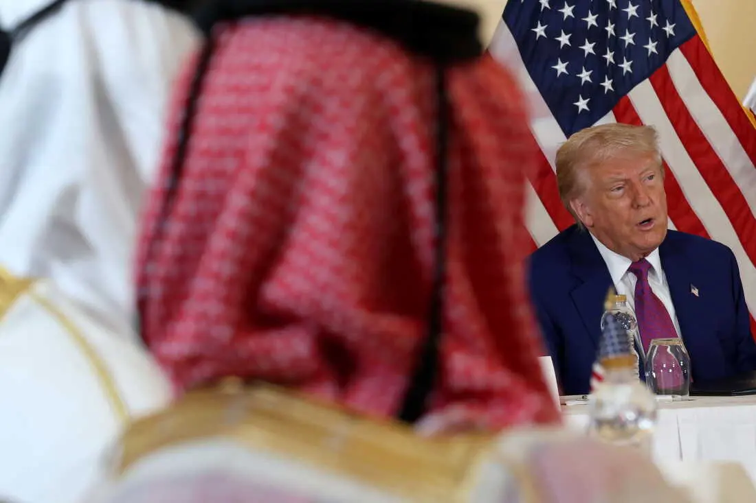 President Trump meets with business leaders at the Ritz Carlton Hotel on May 15 in Doha, Qatar on the third day of his visit to the Gulf to underscore the strategic partnership between the United States and Qatar, focusing on regional security and economic collaboration.