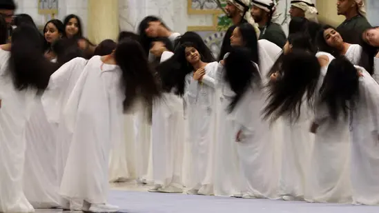 Dancers performed a traditional dance at Qasr Al Watan on the day US President Donald Trump met United Arab Emirates President Sheikh Mohamed bin Zayed Al Nahyan. (REUTERS)