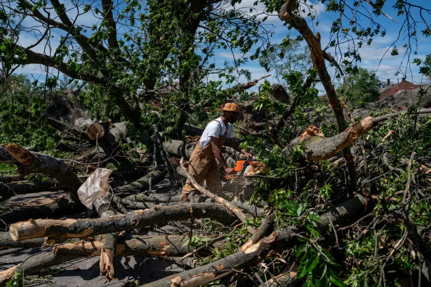 City of St. Louis Parks worker Ronald Love, 38, helps clear out fall trees from O’Fallon Park on Saturday, May 17, 2025, in north St. Louis. An EF-3 tornado ripped through the city on Friday afternoon, killing at least 5 and damaging thousands of homes.