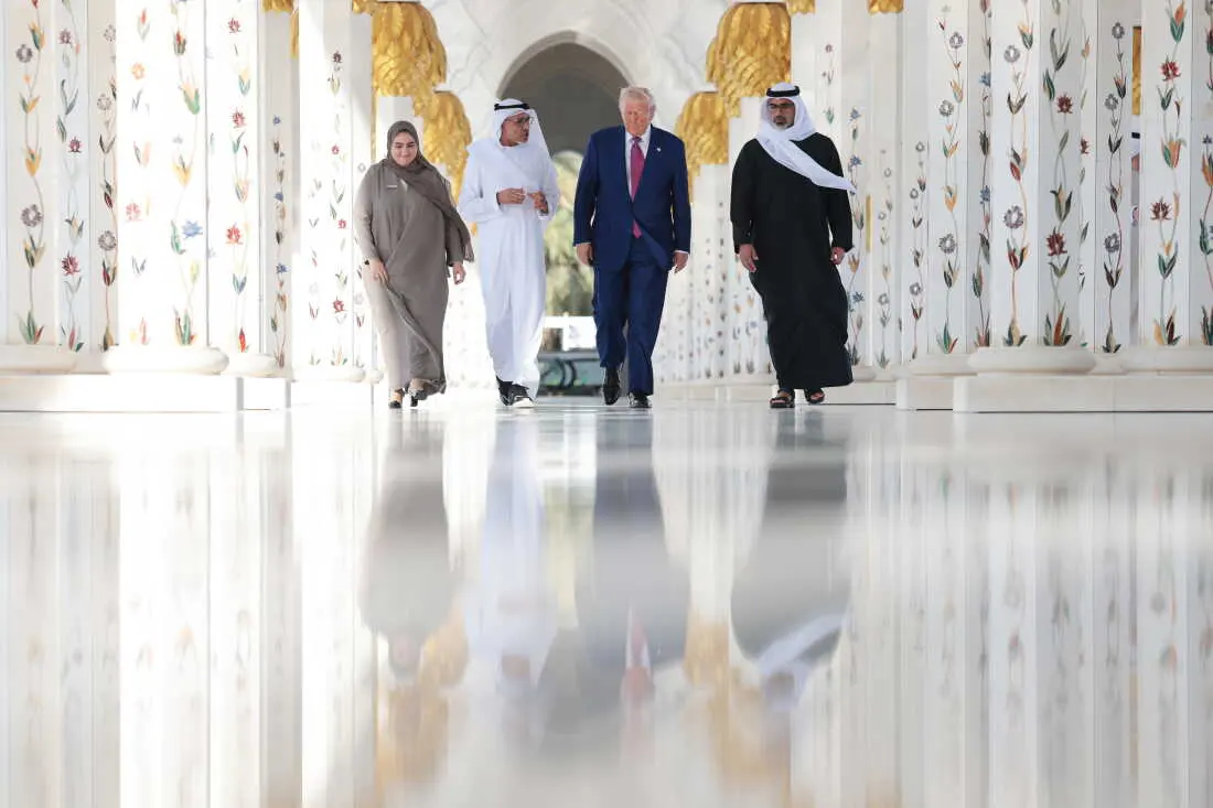 President Trump tours the Sheikh Zayed Grand Mosque, including the mausoleum of the late founder Sheikh Zayed bin Sultan al Nahyan, with UAE President Sheikh Mohamed bin Zayed Al Nahyan and Dr. Yousef Al-Obaidi, Director-General of the Sheikh Zayed Grand Mosque Center (SZGMC) and Ameena Alhammadi, Acting Director of Culture and Knowledge Department of Sheikh Zayed Grand Mosque Centre on May 15 in Abu Dhabi, United Arab Emirates. Trump is on the third day of his visit to the Gulf to underscore the strategic partnership between the United States and regional allies including the UAE, focusing on security and economic collaboration.