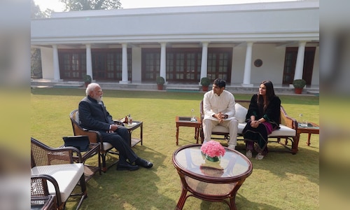 PM Narendra Modi meets Olympic javelin champion Neeraj Chopra and his spouse Himani Mor.
