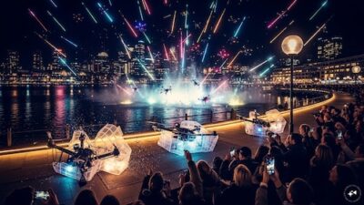 View | Audience amazed as numerous drones dive into Sydney's Cockle Bay during the light display