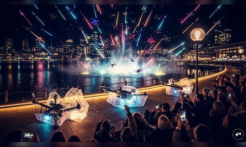 View | Audience amazed as numerous drones dive into Sydney's Cockle Bay during the light display