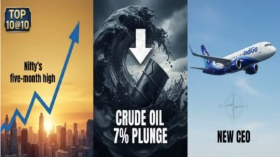 Ten Highlights at Ten: Nifty Hits Five-Month Peak, Crude Oil Drops 7%, and IndiGo Welcomes New CEO
